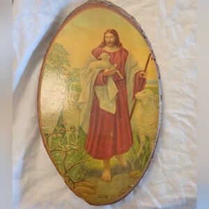 Vintage Religious Jesus Print On Real Wood Slab Shepard and Lamb Sheep USA Chasm